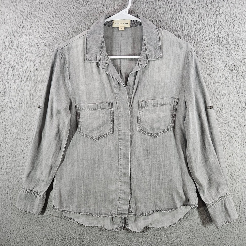 Cloth &‎ Stone Grey Tencel Roll Tab Sleeve Button Down Shirt Women Small